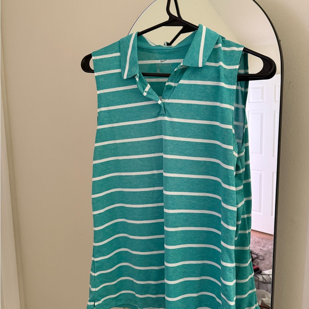 Nike Teal and White Striped Sleeveless Golf Polo Tank